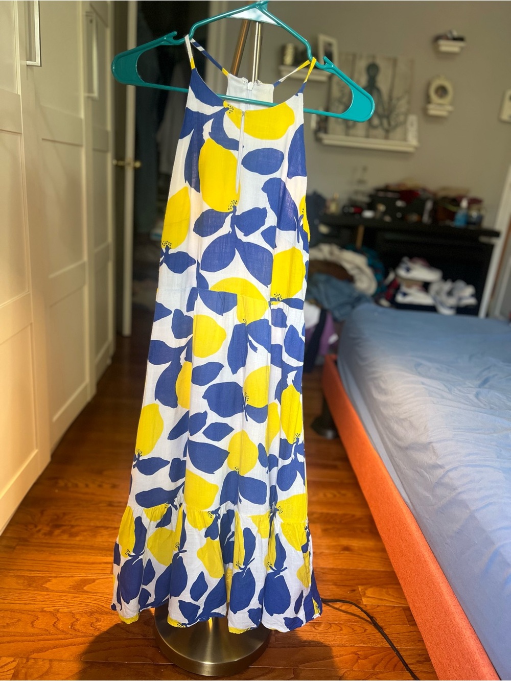 LOFT White Maxi Dress with Blue and Yellow Lemon Print - Picture 2 of 9